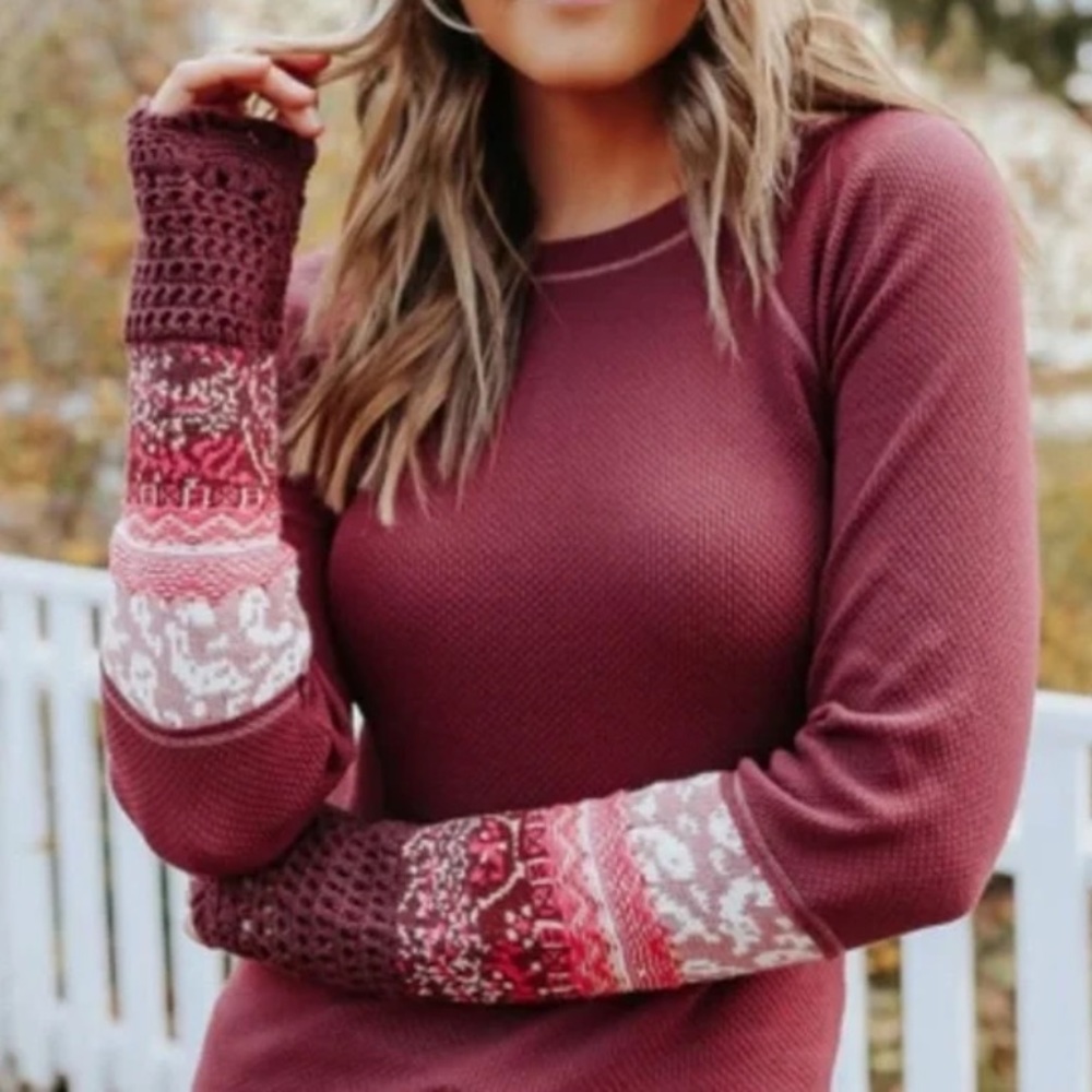 Free People Long Sleeve Thermal Top with Patterned Crochet Cuffs - Burgundy